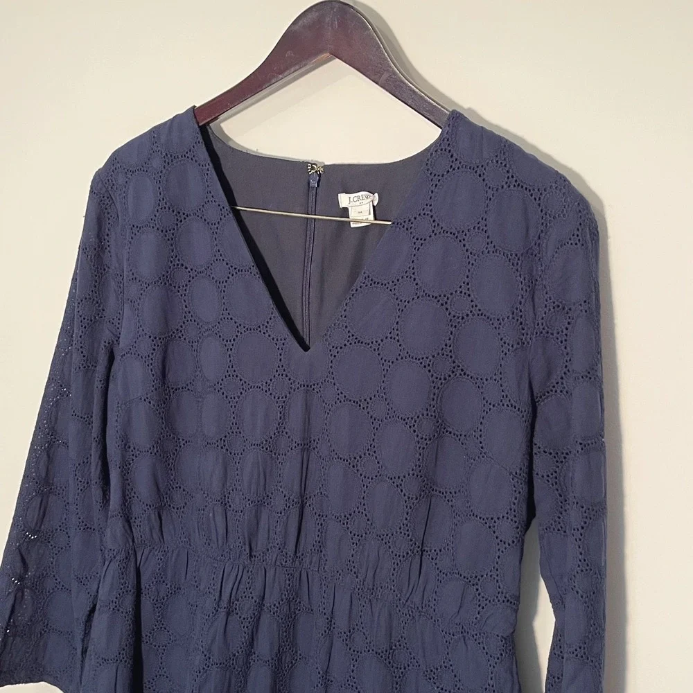 J Crew Navy Blue‎ Cotton Eyelet Dress V Neck 3/4 Sleeve Scalloped Hem Women's 14